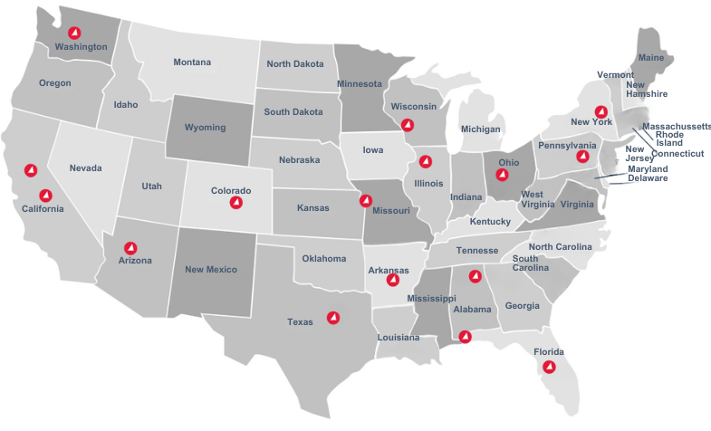 Map of the United States with red hazard icons marking Colorado, Washington, Oregon, Arizona, Florida, and New Mexico. Other states and regions are labeled but not highlighted.