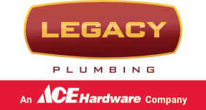 Logo for Legacy Plumbing, featuring "LEGACY" in gold letters on a red background, "PLUMBING" below in red, and "An ACE Hardware Company" at the bottom with the ACE logo in white and red.