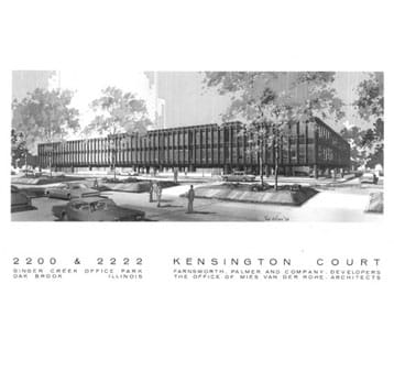 Black and white architectural illustration of a modern, rectangular office building surrounded by trees, with cars and people in the foreground. Text below reads "2200 & 2222 Kensington Court, Oak Brook, Illinois.