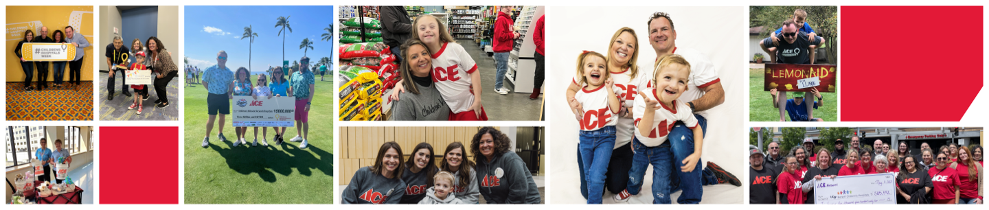 A collage of diverse people, families, and groups celebrating with large checks, balloons, and ACE shirts at various community and outdoor events.