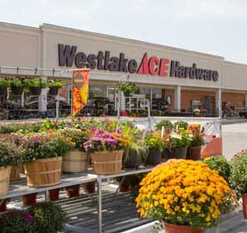 Outdoor display of colorful potted flowers in front of a Westlake Ace Hardware store, with the store's sign visible on the building and gardening supplies arranged nearby.
